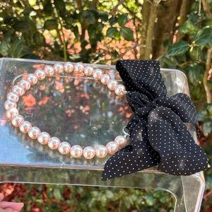 Zara Pink Pearl Necklace with Black Polka Dot Bow